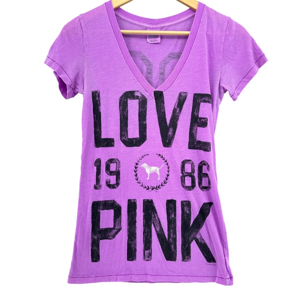 Y2K Victoria's Secret PINK Purple Love 1986 Double Sided V-Neck T-Shirt SZ XS